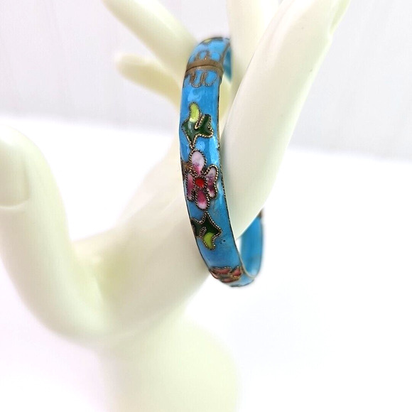 Vintage Cloissone Enameled Blue Pink Gold Floral Design Bangle Bracelet 2.35 in - Picture 5 of 9